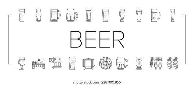 glass beer mug pint bar drink icons set vector. alcohol pub, cup foam, lager bottle, black ale, retro brewery, empty full craft glass beer mug pint bar drink black contour illustrations