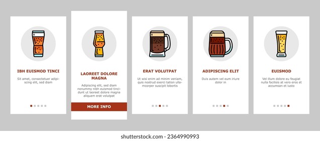 glass beer mug pint bar drink onboarding mobile vector. alcohol pub, cup foam, lager bottle, black ale, retro brewery, empty full craft glass beer mug pint bar drink color line illustrations