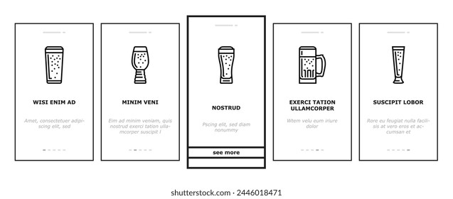 glass beer mug pint bar drink onboarding mobile vector. alcohol pub, cup foam, lager bottle, black ale, retro brewery, empty full craft glass beer mug pint bar drink color line illustrations