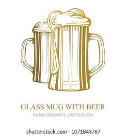 Glass beer mugs hand drawn vector illustration.
Craft beer stylized logo. Beer mug logo.