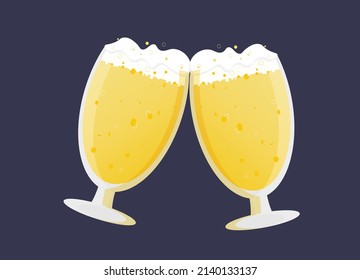 Glass beer mugs with light wheat beer. Foam and bubbles pour over the edge. Vector simple cartoon illustration for the design of Oktoberfest, bar, pub, restaurant, festival, icons, design, stickers.