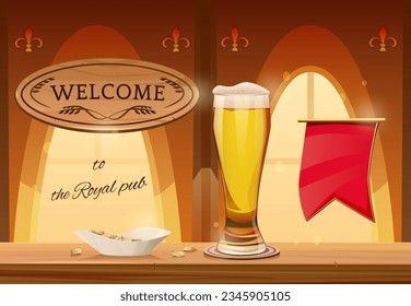 A glass of beer on the bar, a bowl of peanuts. Wooden board logo with ears of corn, golden-red flag price tag. Realistic template, mockup. Medieval style room, beer bar, pub. Vector illustration.