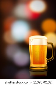 Un vaso de cerveza en un fondo borroso con luces nocturnas de la ciudad. Ilustración vectorial.