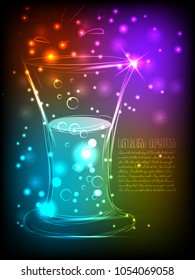 A glass of beer on a bright background with a glow of multicolored neon lights with a place for advertising. Vector illustration