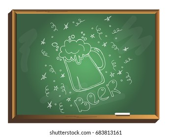 Glass with beer on chalkboard. Lager beer icon. Vector beer. Cartoon style. Hand drawing alcohol. Vector illustration. 