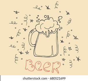 Glass with beer on creme background. Lager beer icon. Vector beer. Cartoon style. Hand drawing alcohol. Vector illustration. 