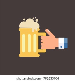 A glass of beer on a dark background in a man's hand. Flat design, isolated, vector.