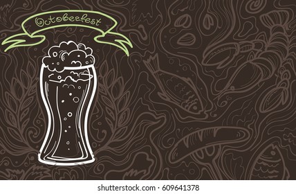 Glass of beer on the doodle background. Can be used for posters, postcards, prints. EPS 10 vector background with irish proverb.