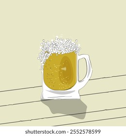 A glass of beer on the table. Beer drawing. Draft beer. Glass.