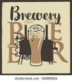 Glass of beer on tap with foam and brewery