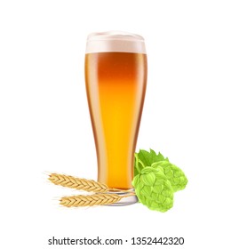 Glass of beer on a white background with hop cones and spikelet of wheat. Vector 