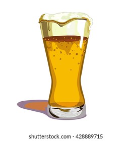 Glass of beer overflowing, with a big head of foam