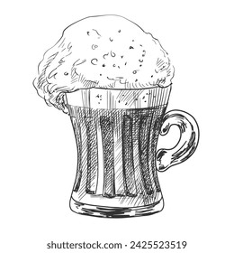 Glass of beer. Pint glassware. Oktoberfest vector illustration. Sketch style mug of foaming beer. Engraved illustrations for pub menu.