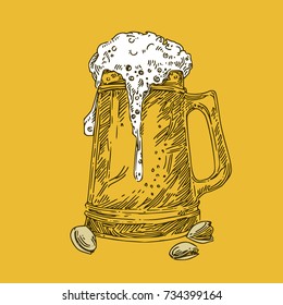 Glass of beer and pistachios. Vector illustrations.