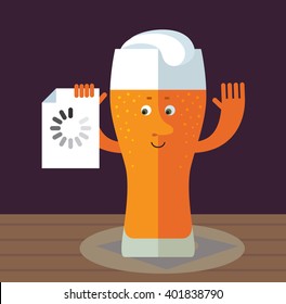 Glass of beer with preloader icon. Flat style vector illustration . Funny cartoon character