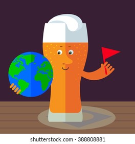 Glass of beer putting flag mark the globe. Flat style vector illustration . Funny cartoon character