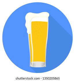 A glass of beer. Realistic glass of beer with foam and shadow on blue background. Flat design, vector.