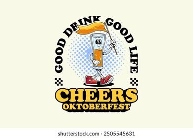 a glass of beer retro cartoon funny character vector illustration with walking pose and holding the flag for brewery, food and beverage mascots and sticker and apparel design elements 