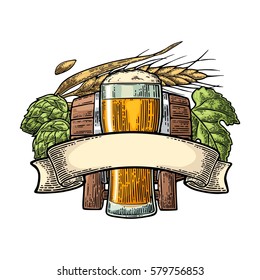 Glass beer with ribbon, barrel, ears of corn and hop branch. Vector engraved color vintage illustration isolated on white background.