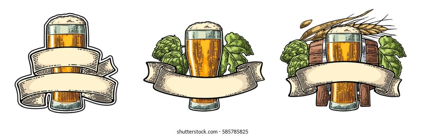 Glass beer with ribbon, barrel, ears of corn and hop branch. Vector engraved color vintage illustration isolated on white background.