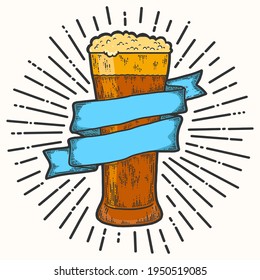 Glass beer with ribbon color. The rays of the sun, shine. Vector engraving monochrome vintage illustration isolated on white background.