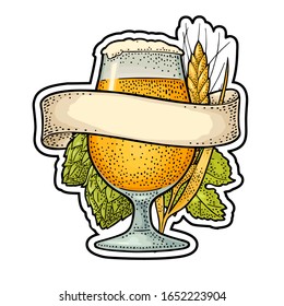 Glass beer with ribbon, ears of corn and hop branch. Vector engraving color vintage illustration isolated on white background.