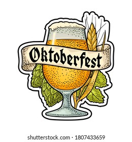 Glass beer with ribbon, ears of corn and hop branch. Vector engraving color vintage illustration isolated on white background. OktoberFest gothic lettering.