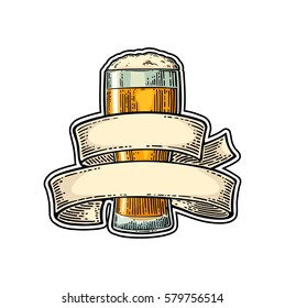Glass beer with ribbon. Vector engraved color vintage illustration isolated on white background.