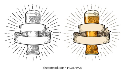 Glass beer with ribbon. Vector engraving monochrome and color vintage illustration isolated on white background.