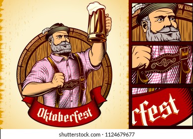 Glass of beer in rising up hand of man in bavarian clothes. Wooden barrel on backdrop. Ribbon with title Oktoberfest. Beer label. Vector vintage graphic illustration in retro engraving ink style.