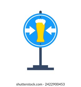 Glass of beer and road sign with arrows. Vector drawing.