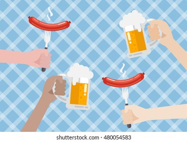 Glass of beer and sausage on blue pattern background