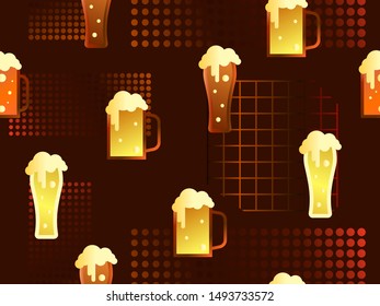 Glass of beer seamless pattern in 80s memphis style. Alcohol party. Geometric shapes with gradient. Vector illustration