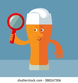 Glass of beer  Seeing Through Magnifying Glass. Flat style vector illustration . Funny cartoon character