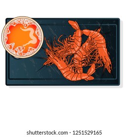 Glass of beer with shrimp vector illustration isolated on plate. White background.
