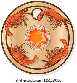 Glass of beer with shrimp vector illustration isolated on plate. White background.