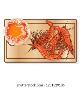 Glass of beer with shrimp vector illustration isolated on plate. White background.