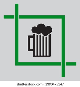 Glass of beer sign. Black icon inside green crop tool at light gray background
