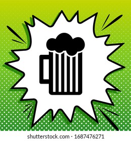 Glass of beer sign. Black Icon on white popart Splash at green background with white spots. Illustration.