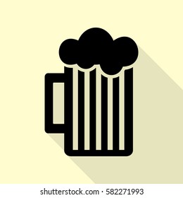 Glass of beer sign. Black icon with flat style shadow path on cream background.
