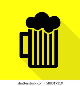 Glass of beer sign. Black icon with flat style shadow path on yellow background.