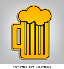 Glass of beer sign. Flat orange icon with overlapping linear black icon with gray shadow at whitish background. Illustration.