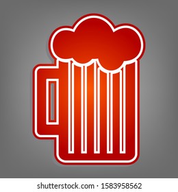 Glass of beer sign. Flat red icon with linear white icon with gray shadow at grayish background. Illustration.