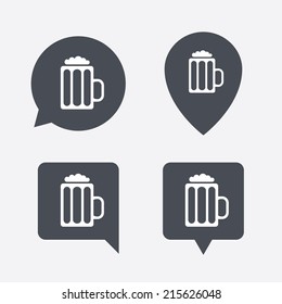 Glass of beer sign icon. Alcohol drink symbol. Map pointers information buttons. Speech bubbles with icons. Vector