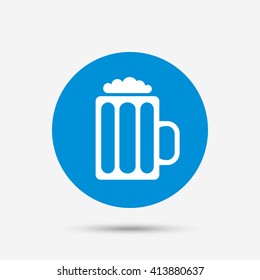 Glass of beer sign icon. Alcohol drink symbol. Blue circle button with icon. Vector