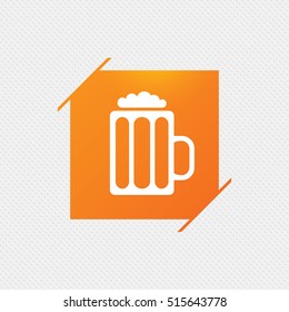 Glass of beer sign icon. Alcohol drink symbol. Orange square label on pattern. Vector