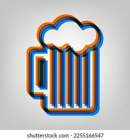 Glass of beer sign. Stroked Icon in orange, azure and old lavender Colors at gray Background. Illustration.