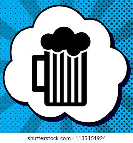 Glass of beer sign. Vector. Black icon in bubble on blue pop-art background with rays.