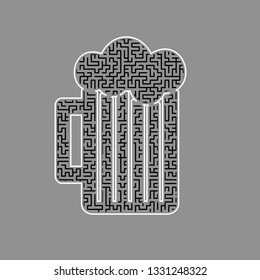 Glass of beer sign. Vector. Black maze filled icon with white border at gray background.