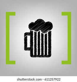 Glass of beer sign. Vector. Black scribble icon in citron brackets on grayish background.